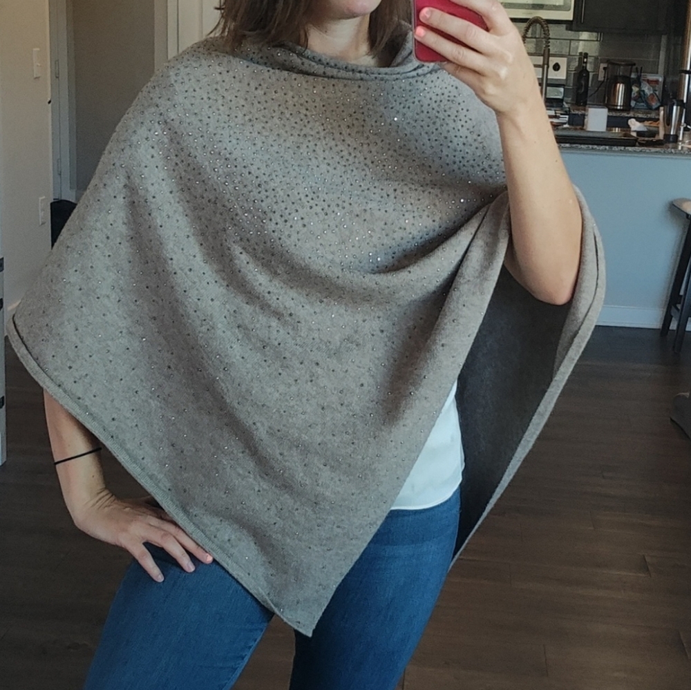 Poncho sweater with rhinestones